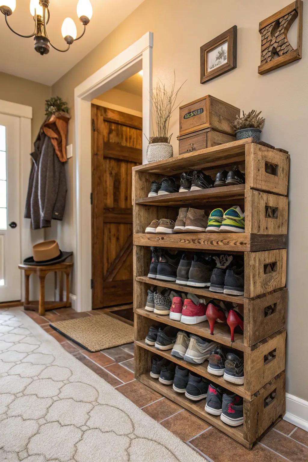 Wine crates transformed into a charming shoe rack.