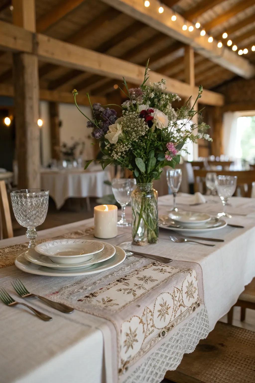 A vintage linen table runner adds charm to any dining experience.