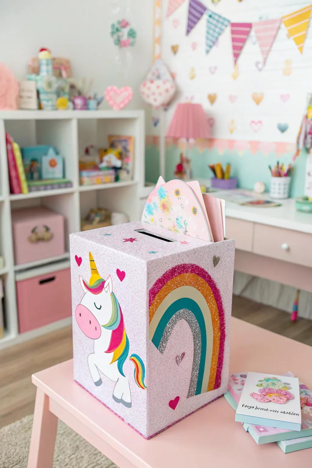 A sparkling unicorn Valentine box ready to collect magical notes.