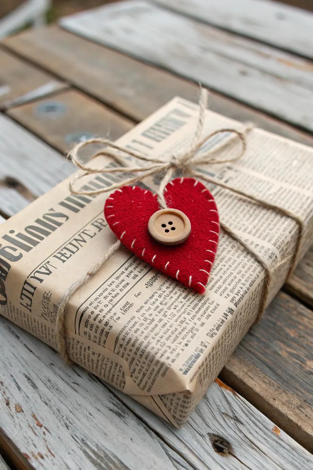 Vintage newspaper wrap with a red felt heart for a nostalgic touch.