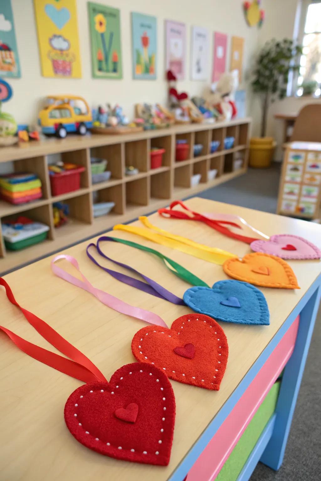 Felt heart crafts ready for Valentine's Day at daycare.