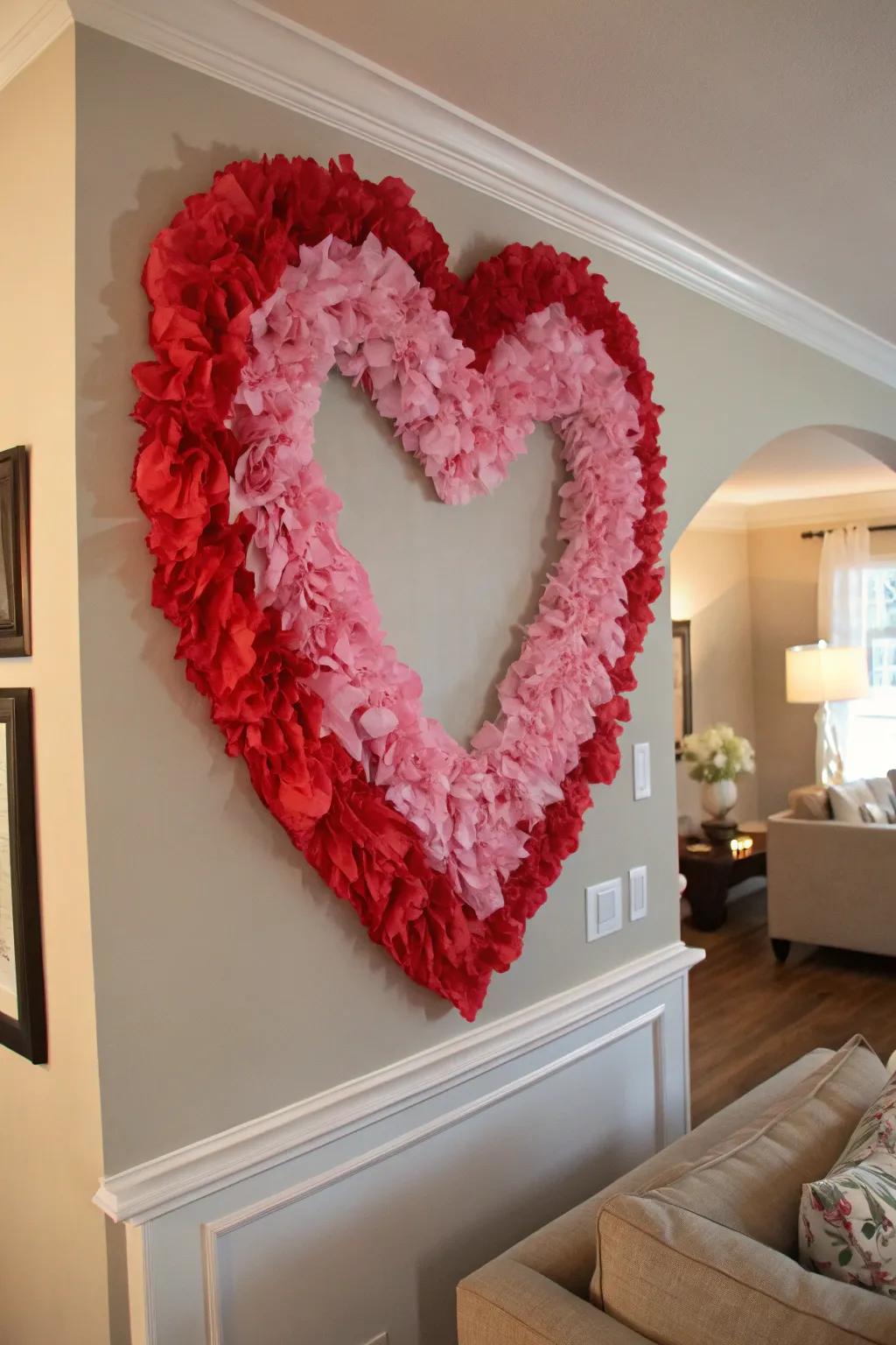 A stunning tissue-paper heart adds charm to any wall.