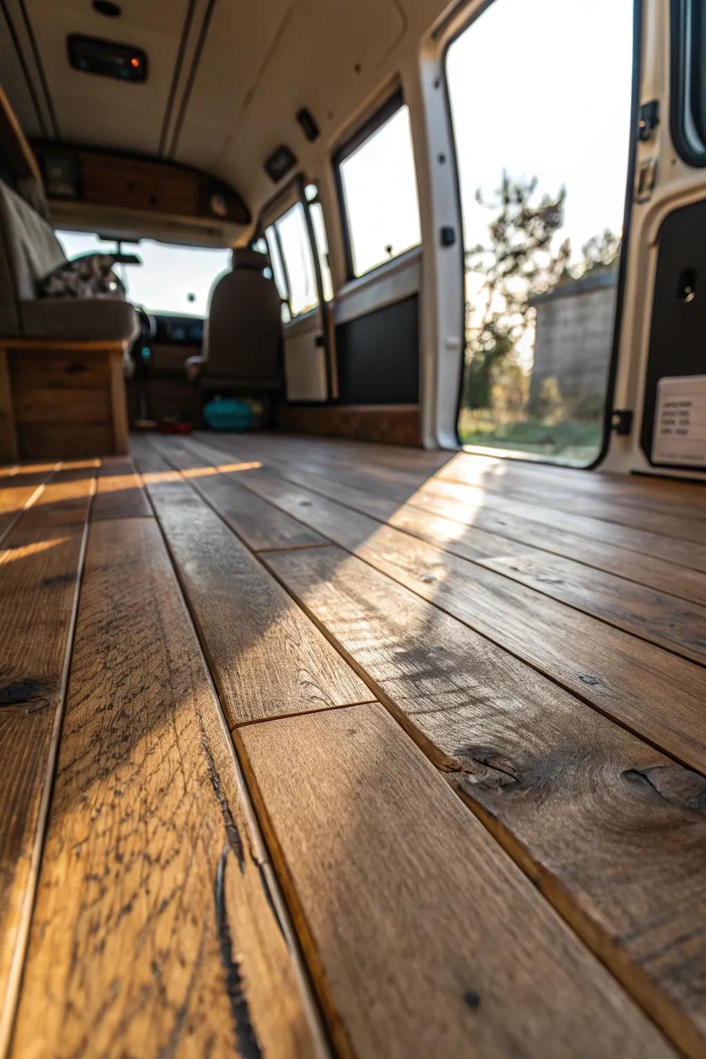 Embrace the warmth and charm of reclaimed wooden flooring for a cozy van life experience.