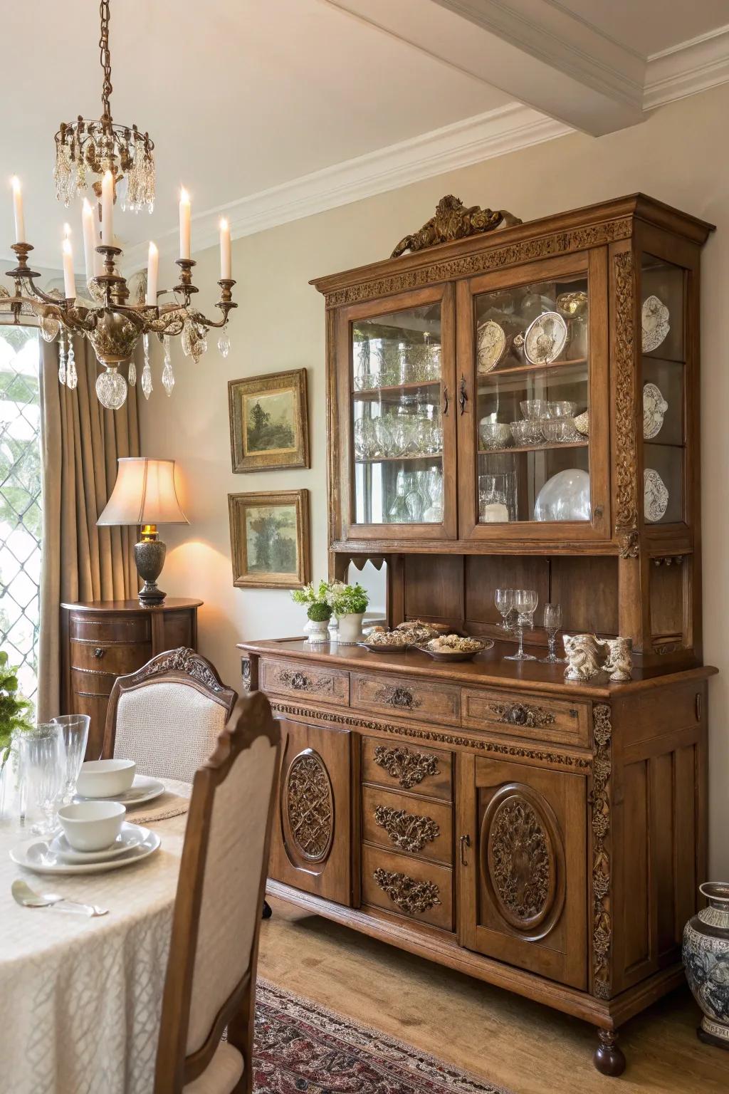 An antique oak sideboard anchors this vintage dining room with character.