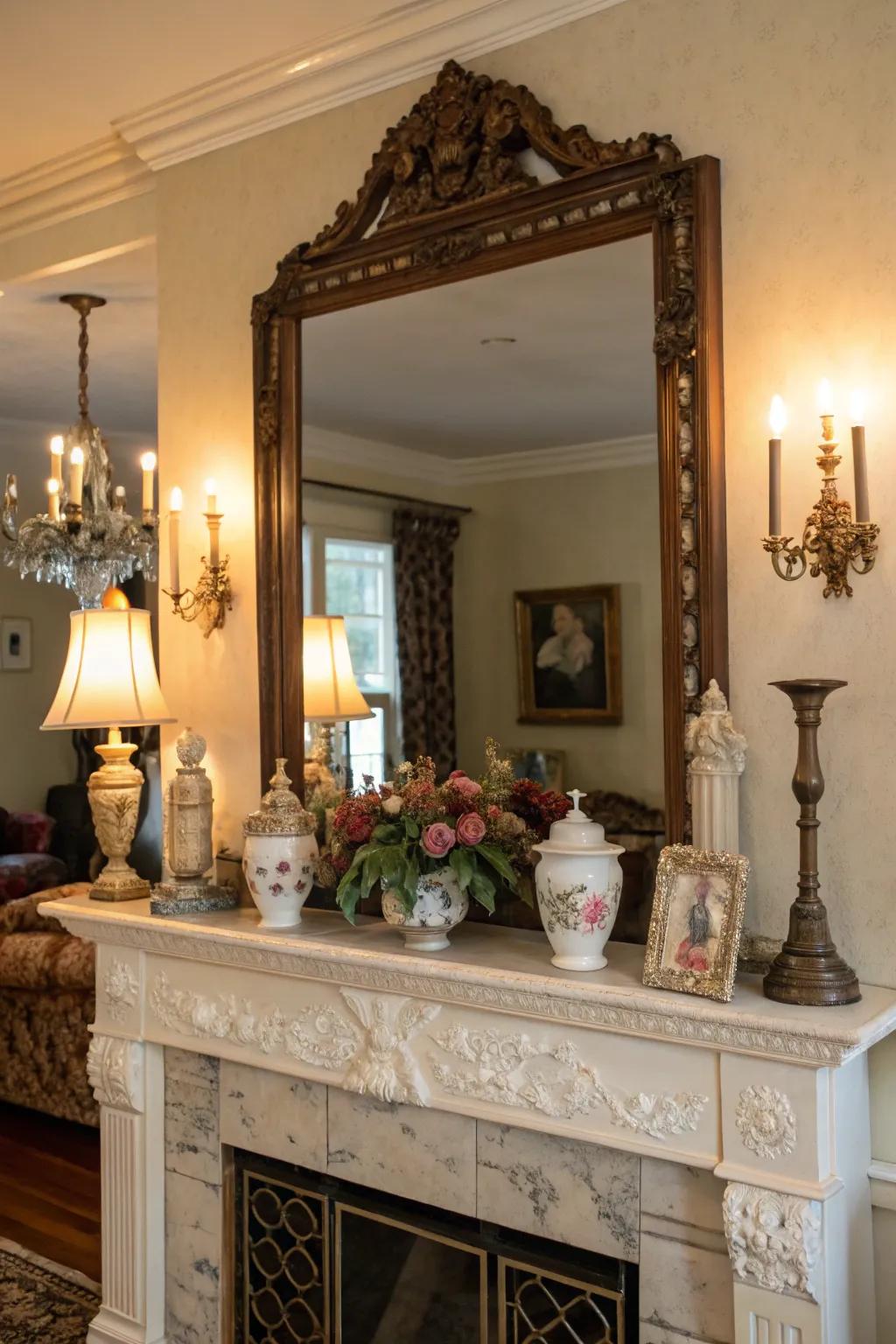 An ornate vintage mirror takes center stage on this elegantly styled mantel.