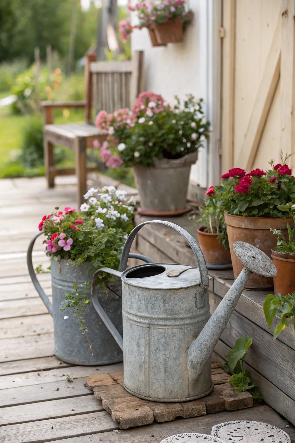 Vintage watering cans repurposed as charming planters on a rustic patio.