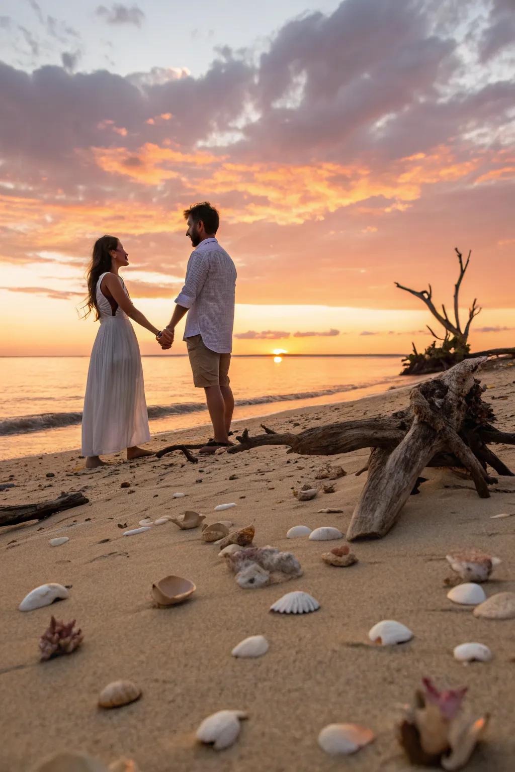 A beachside vow renewal with seashell and driftwood decor.