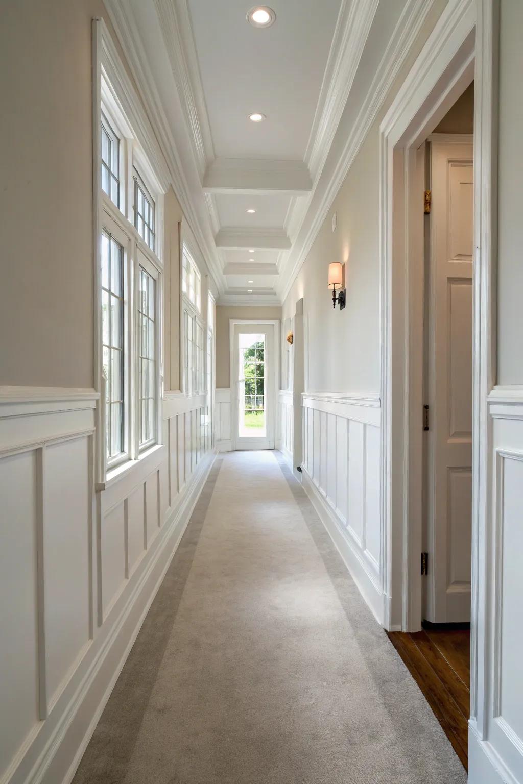 Classic white wainscoting brings timeless elegance to any hallway.