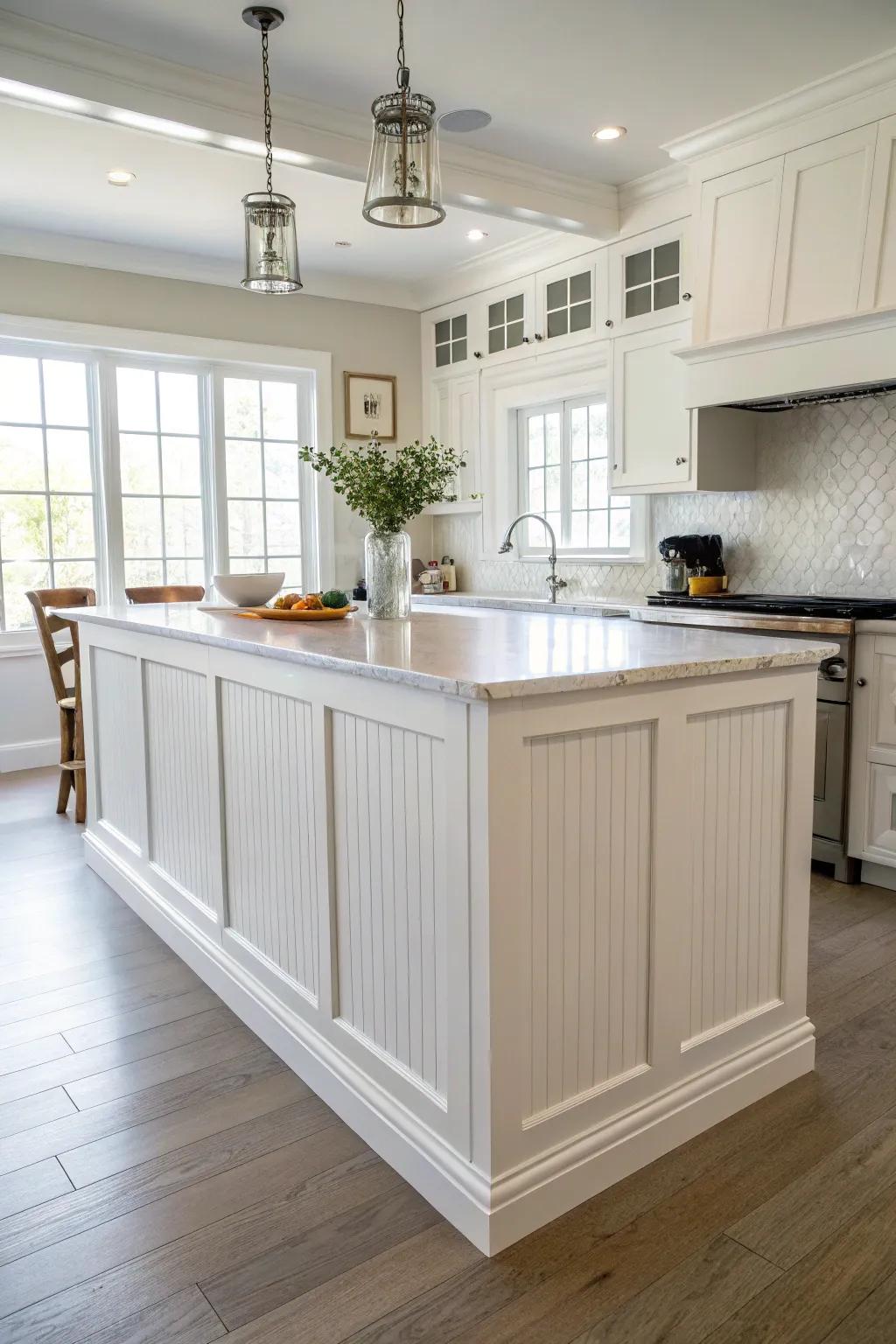 A white kitchen island with wainscoting exudes timeless elegance.