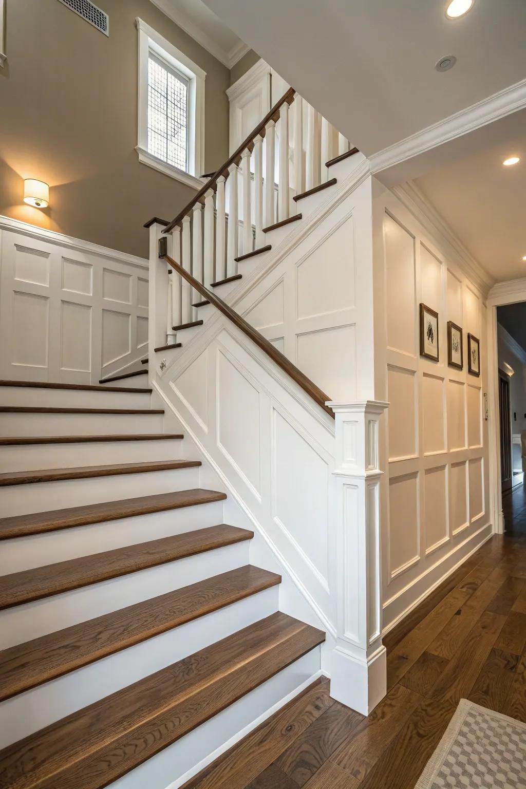 Board and batten wainscoting adds a modern touch to any staircase.