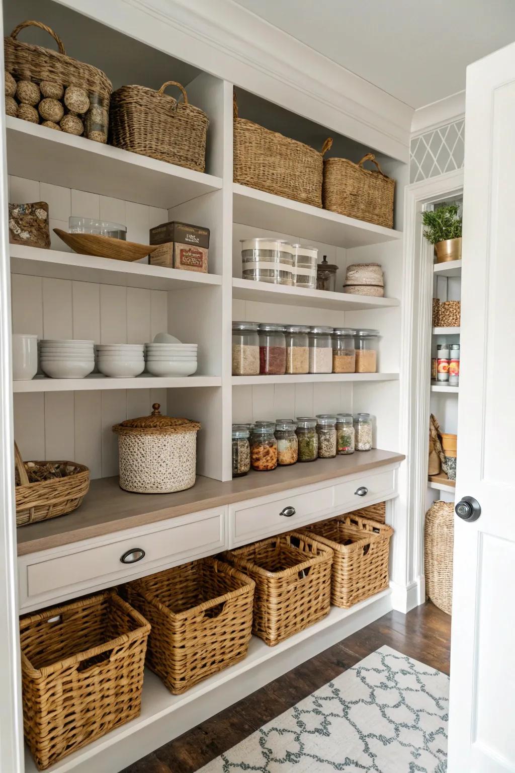 Open shelving in a walk-in pantry with neatly arranged baskets and jars.