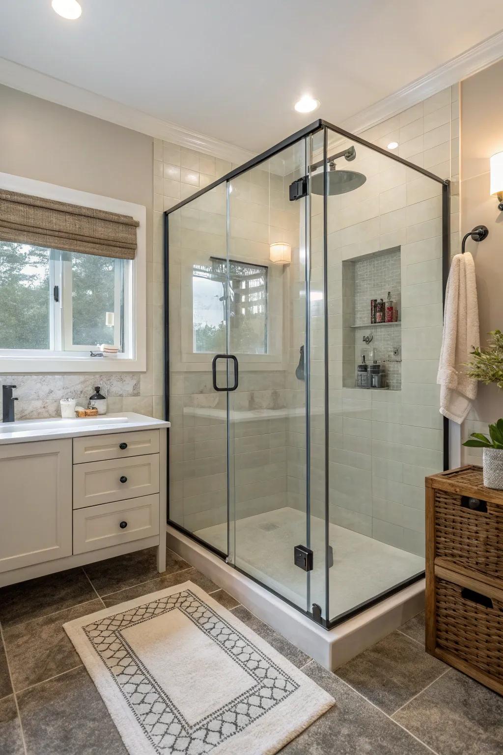 Corner walk-in showers efficiently use available space in small bathrooms.