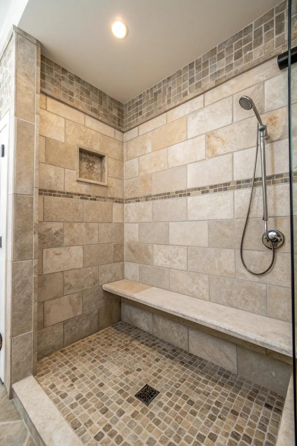 A seamless stone design with a matching bench offers a unified and elegant shower space.