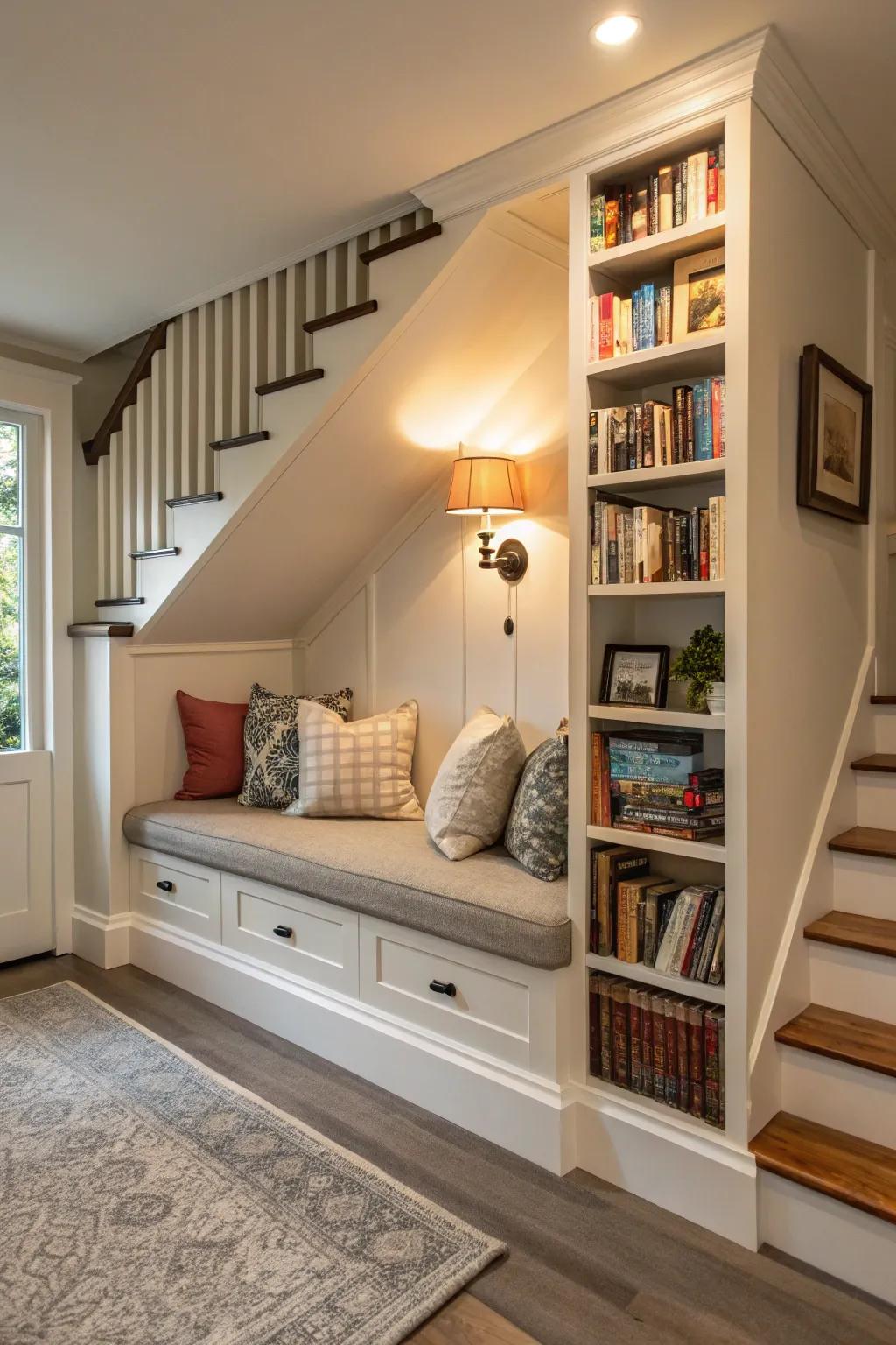 A cozy reading nook created from a wall bump out, perfect for book lovers.