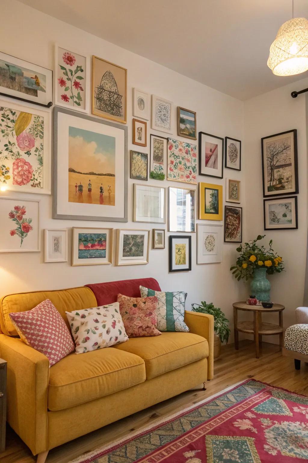 A colorful gallery wall breathes life into this cozy living room.