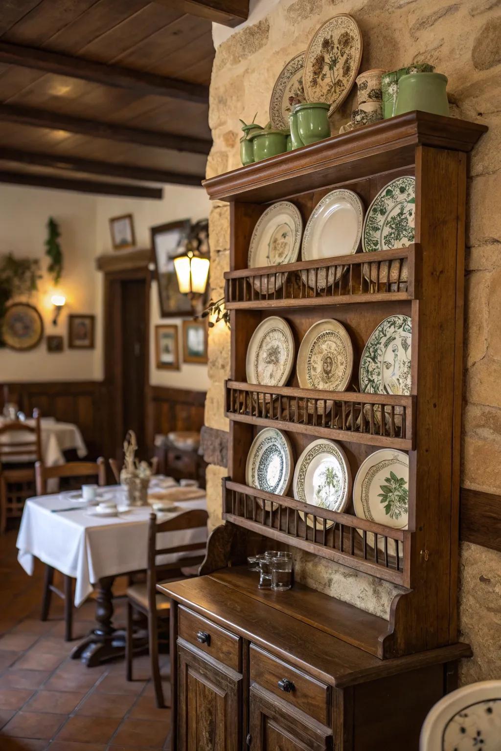 An antique-style plate rack adding character to a rustic dining room.