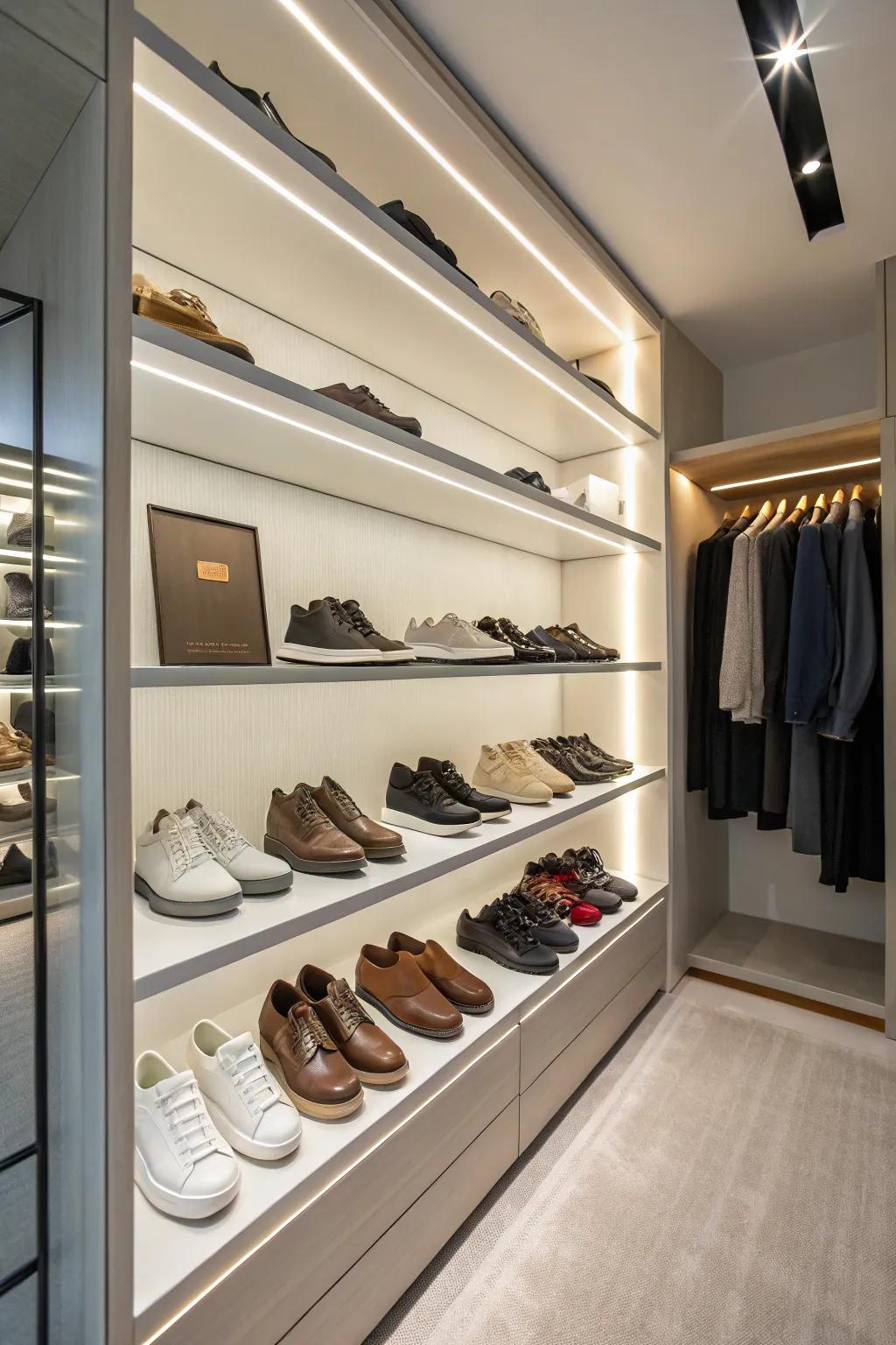 Floating shelves create a minimalist and modern shoe display.