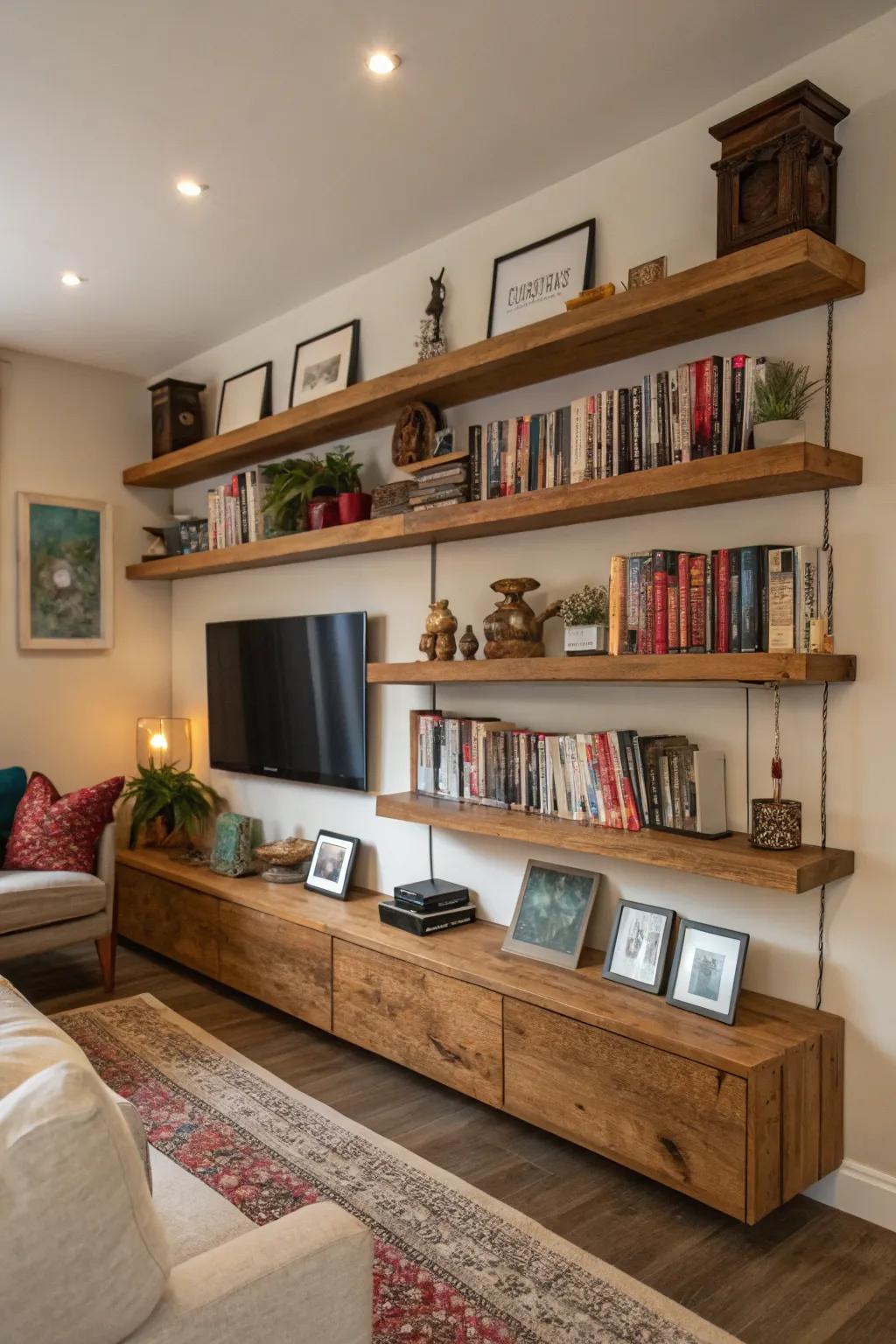 Floating shelves offer both style and storage.