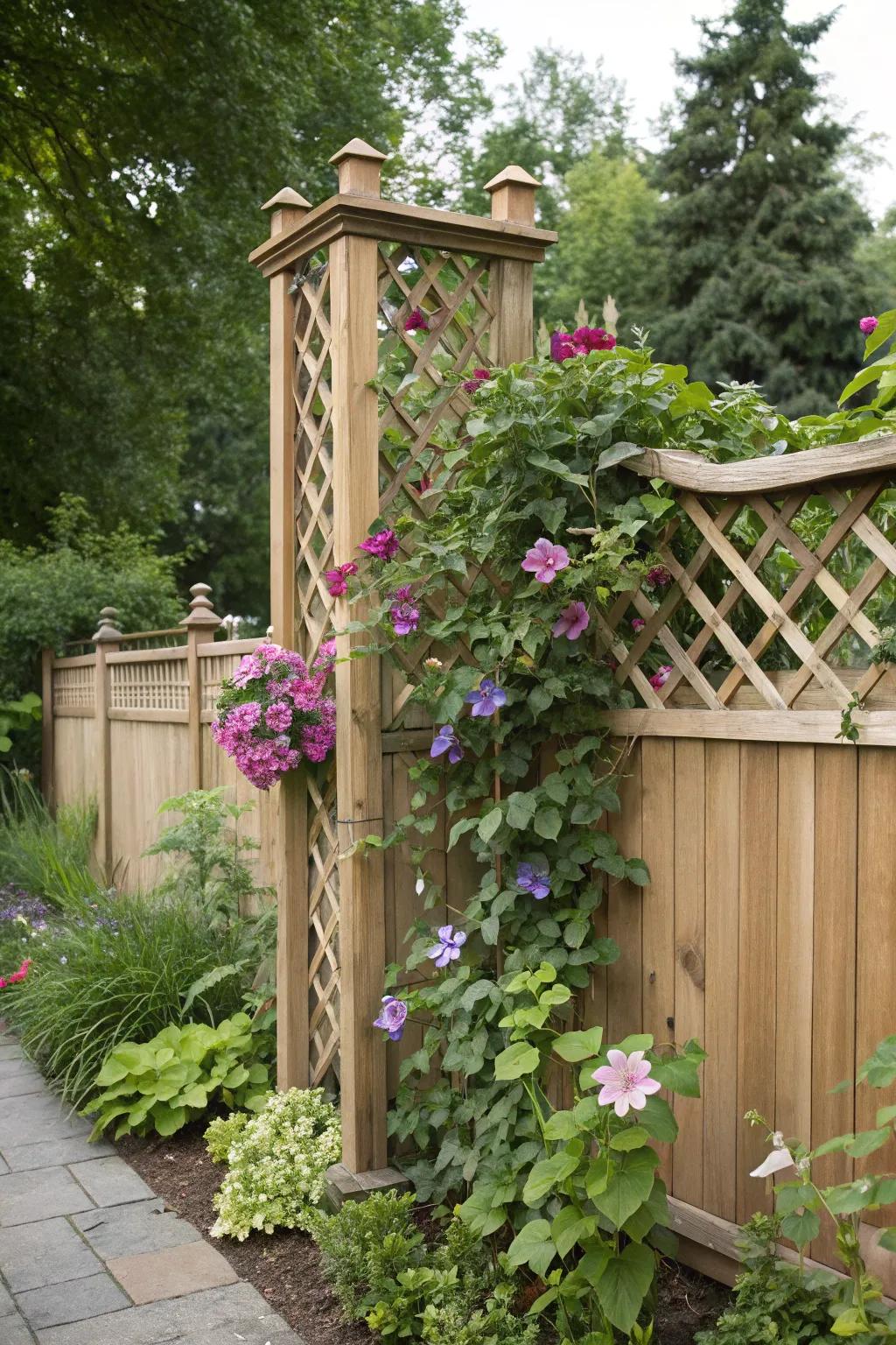 Diamond lattice fence topper adorned with vibrant climbing plants.