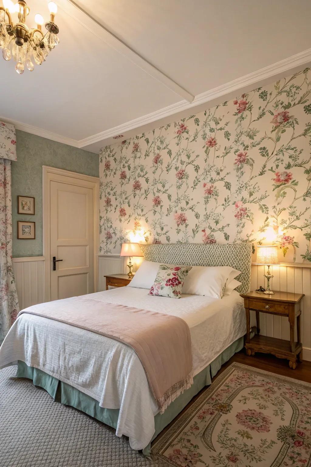 A tranquil bedroom with vintage floral wallpaper and pastel paint.