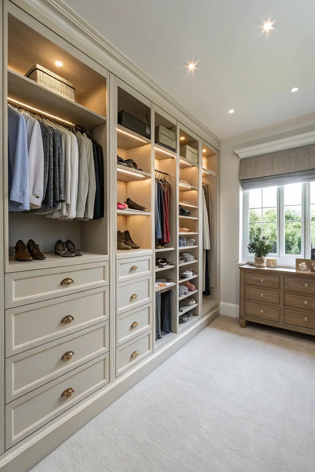 Streamlined built-in cabinets for a clutter-free wardrobe room.