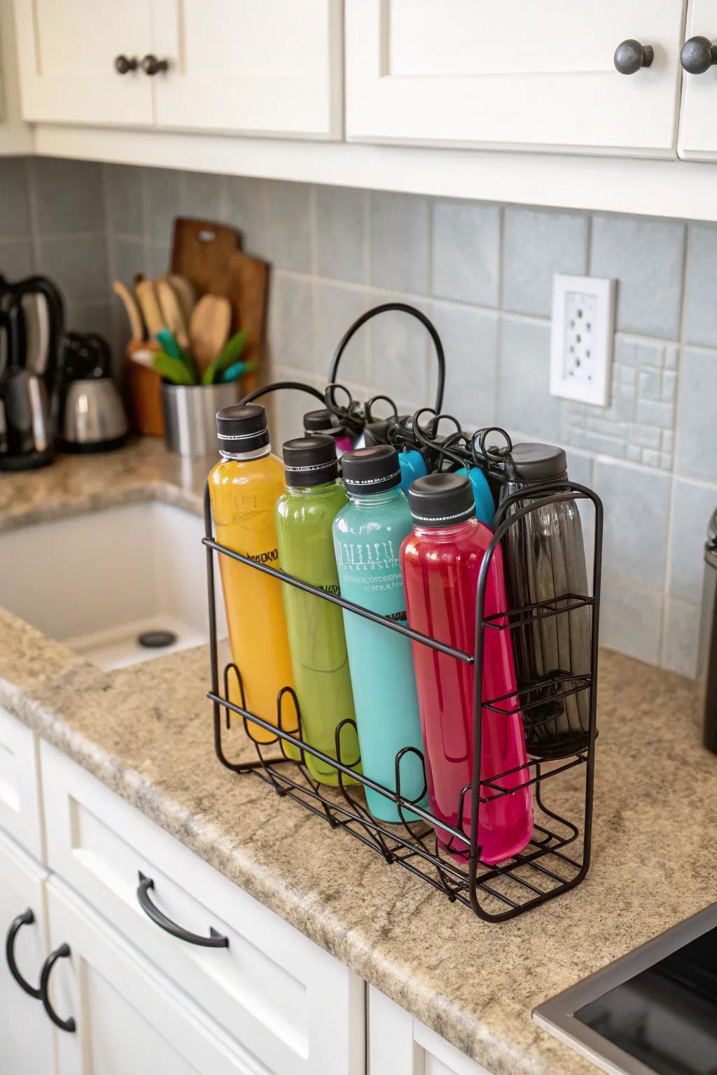 A wine rack repurposed for an elegant water bottle display