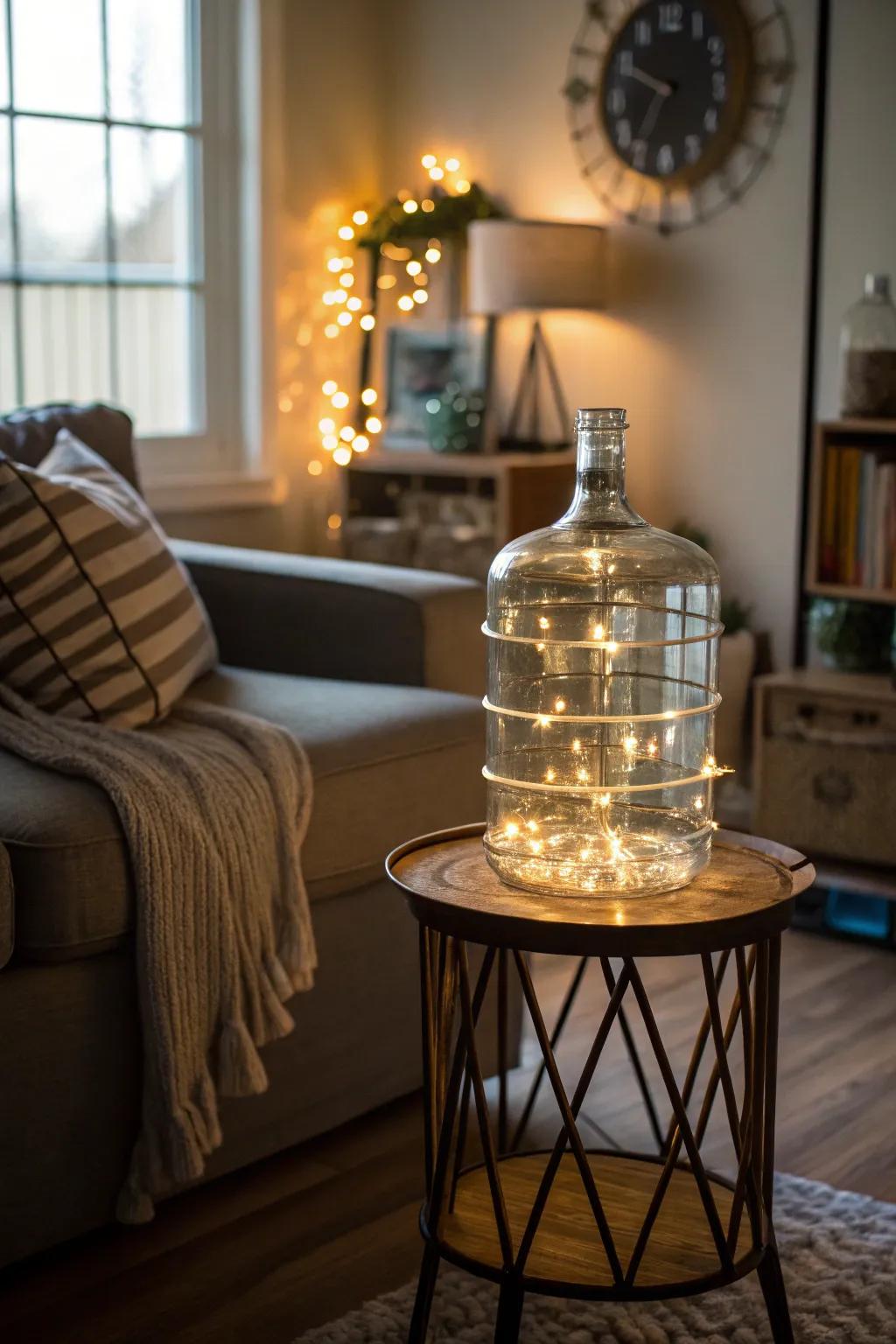 A water jug lamp casts a warm glow in the living room.