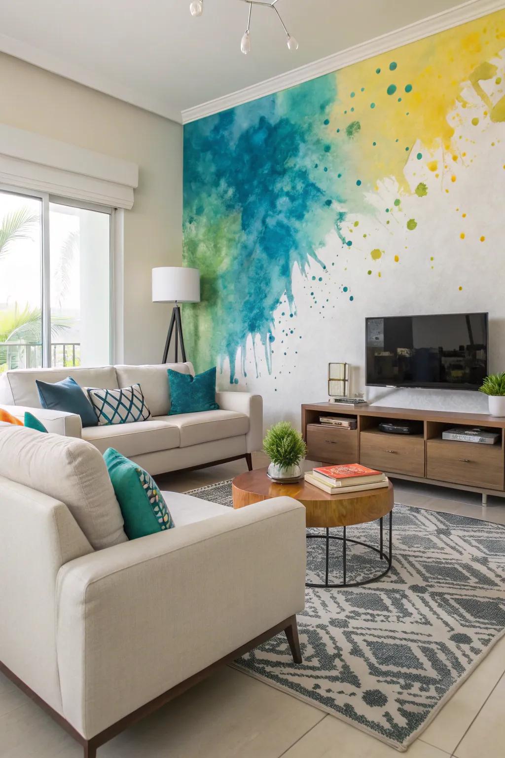 A colorful splash watercolor background brings life to a modern living room.