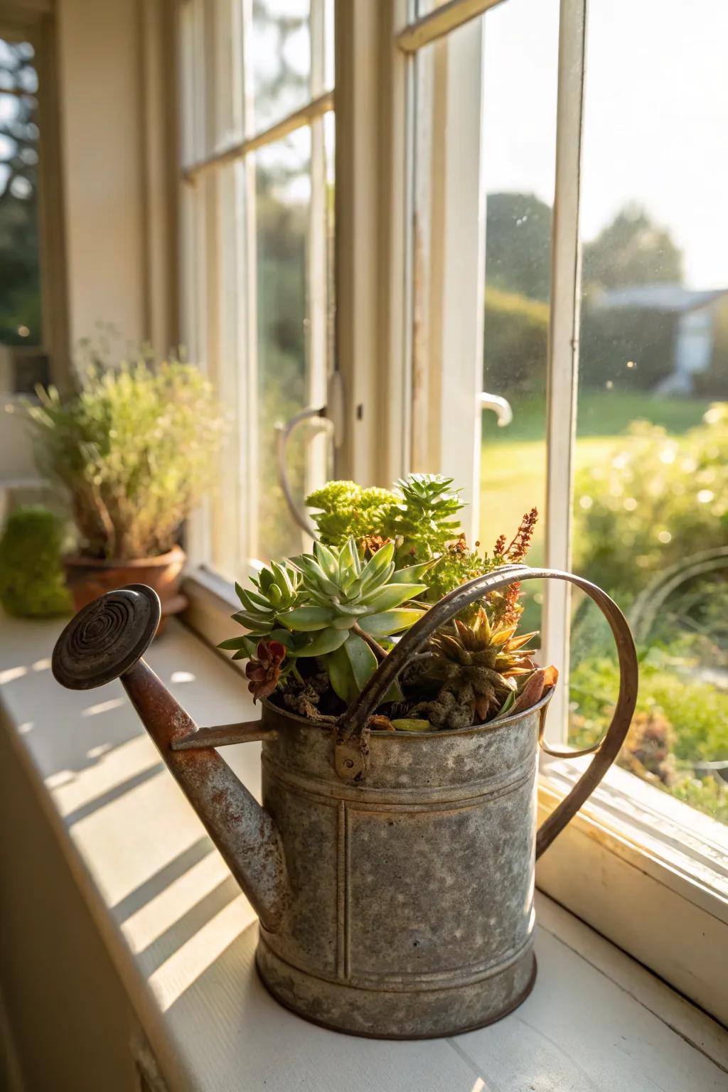 A vintage watering can filled with succulents offers timeless charm.