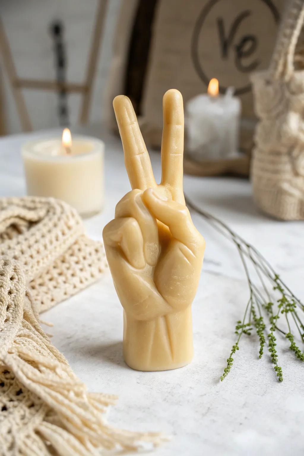 Embrace peace and simplicity with this beautifully crafted wax hand.