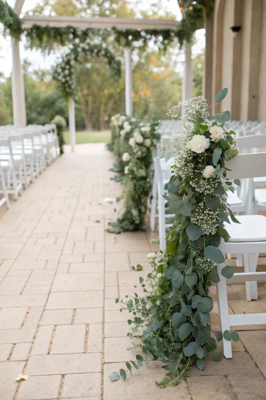 Elegant eucalyptus garlands lining a wedding aisle.