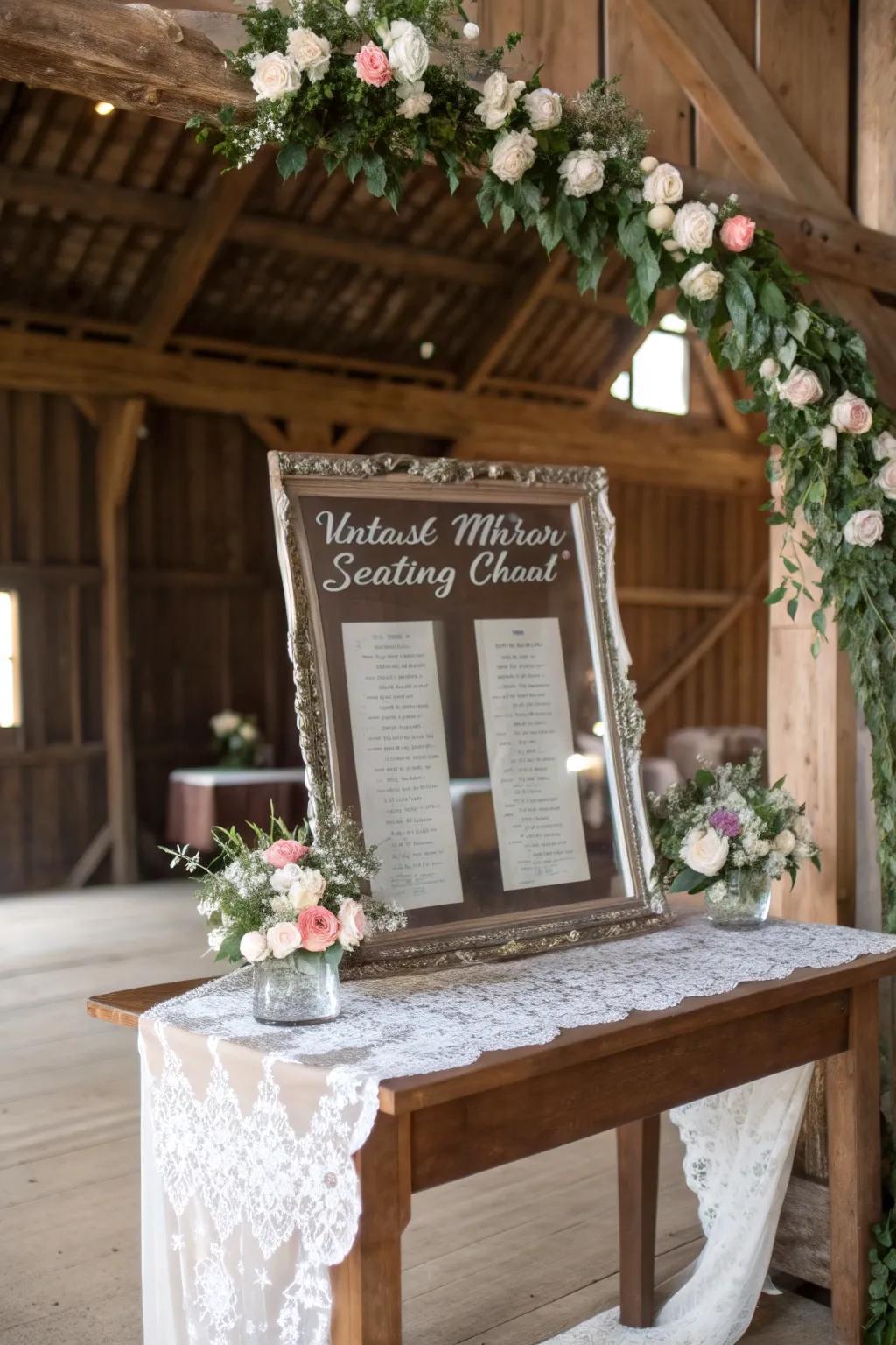 A vintage mirror elegantly used as a seating chart, reflecting the rustic charm of a wedding setup.