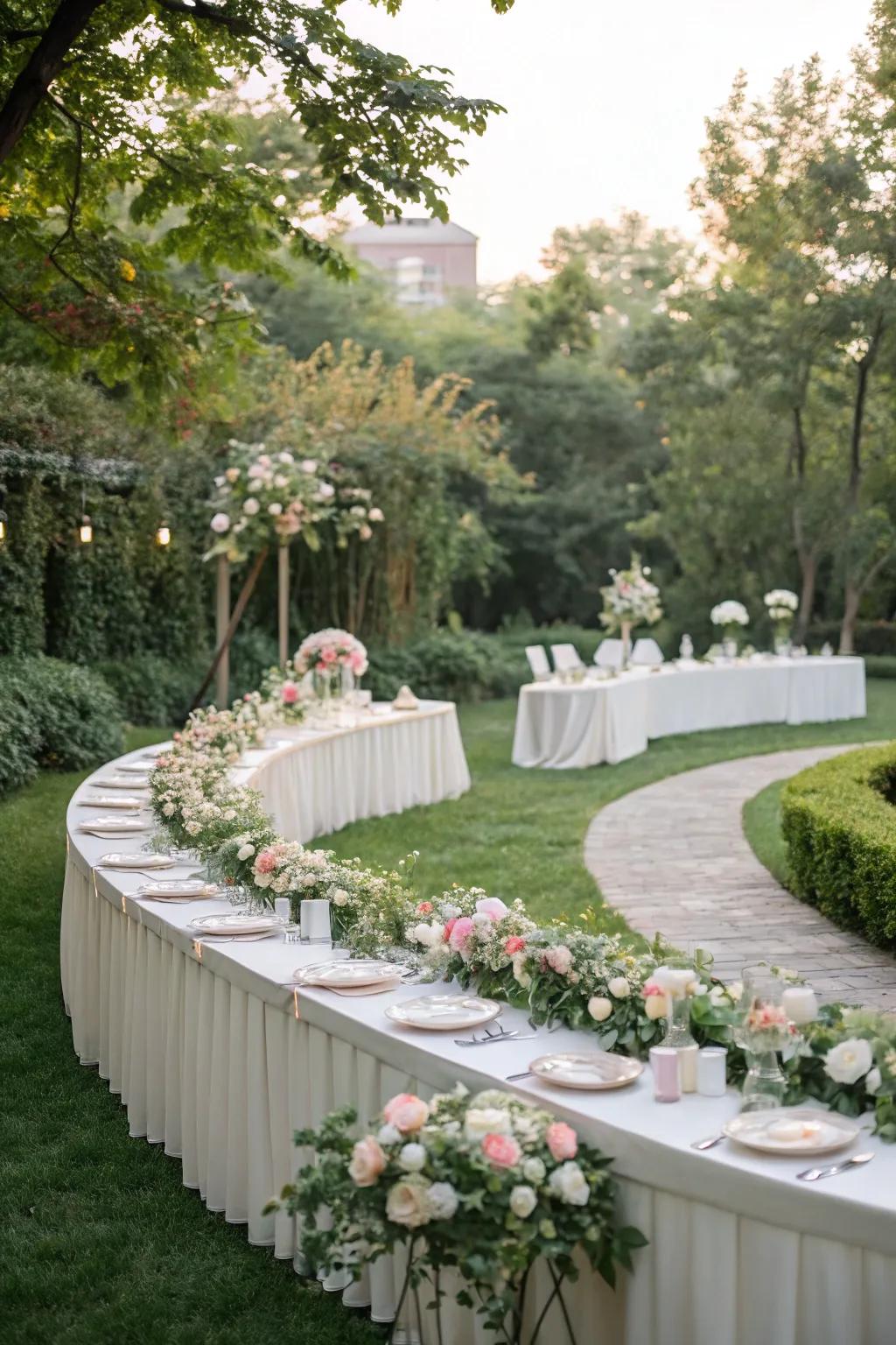 Curved tables adding a touch of elegance to a garden wedding.