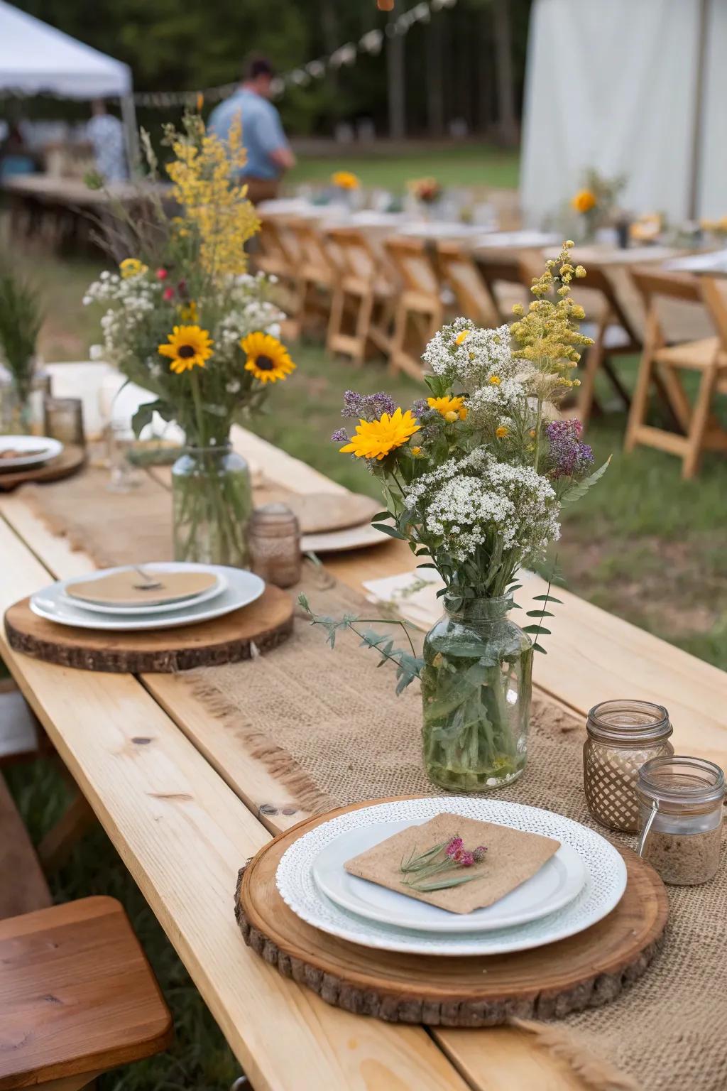 A rustic wedding table setting featuring natural elements and charming wildflowers.