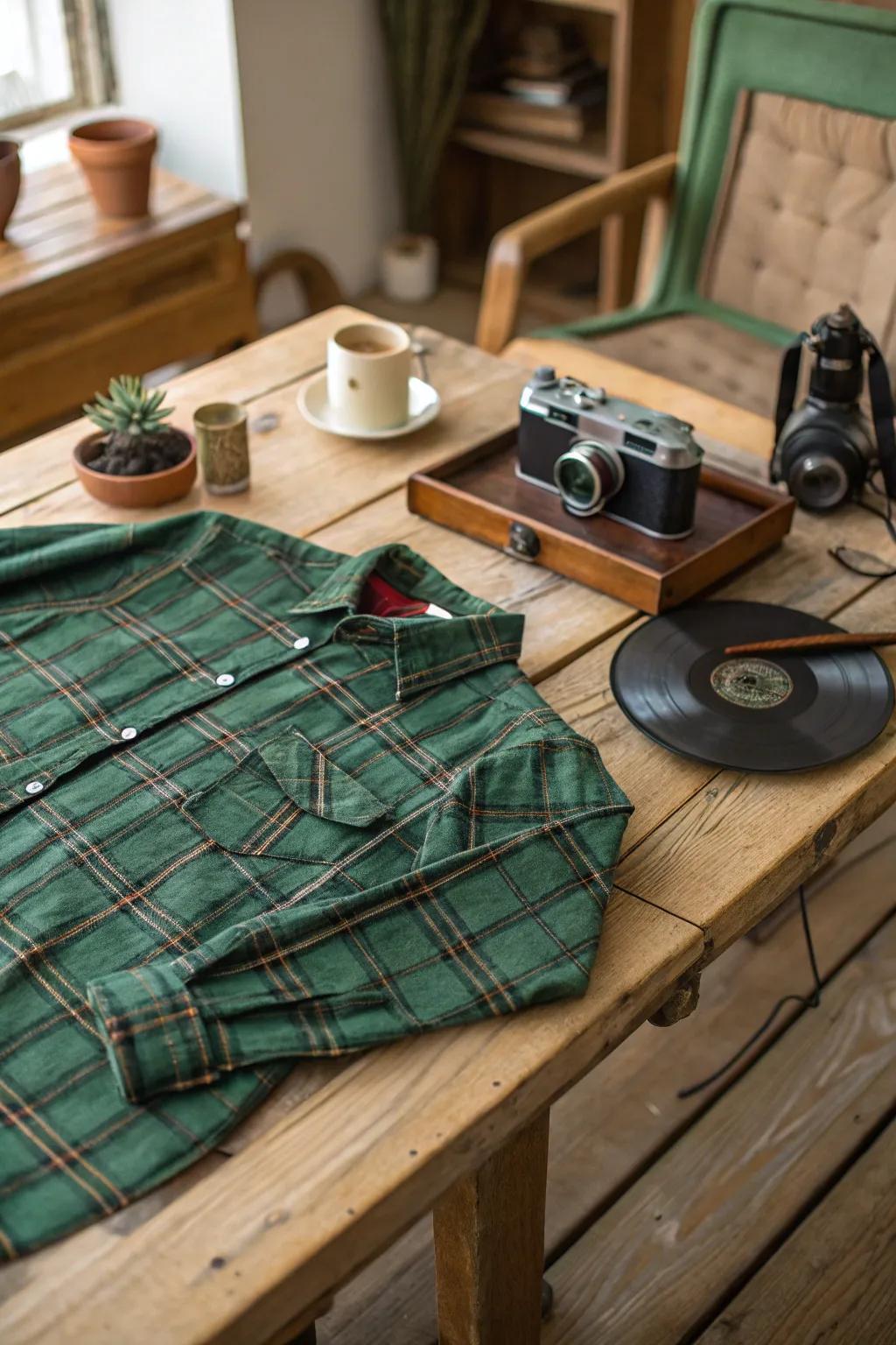 A vintage green plaid shirt sets the stage for a Wendy Torrance costume.