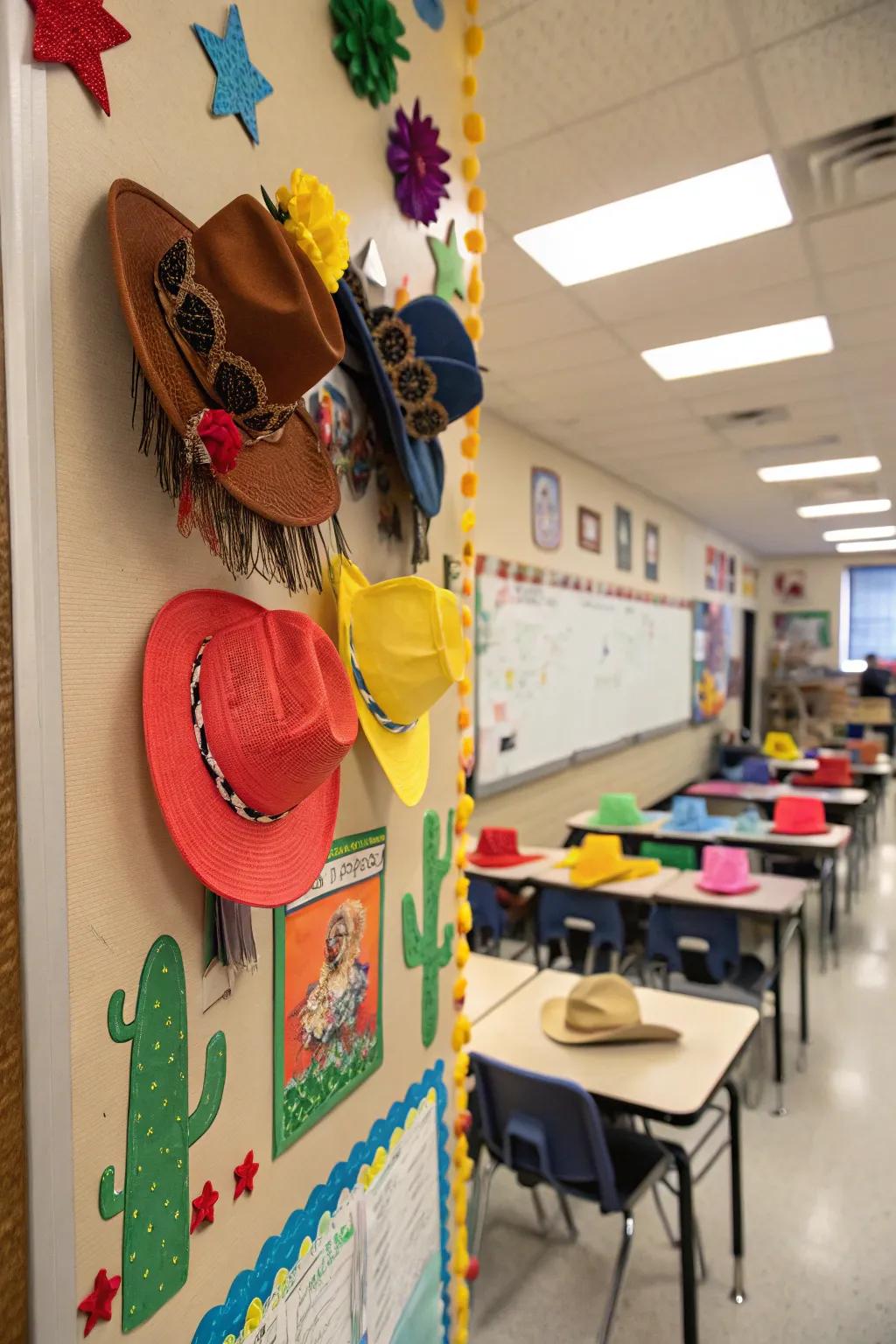 Bulletin board adorned with vibrant cowboy hats.