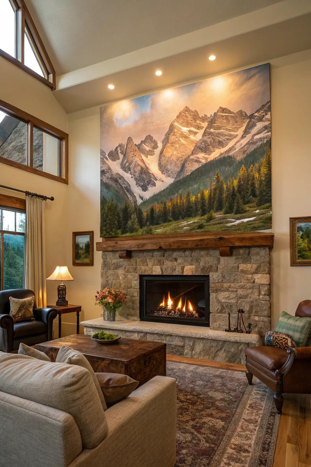 A mountain landscape painting adds depth and serenity to this cozy living room setting.