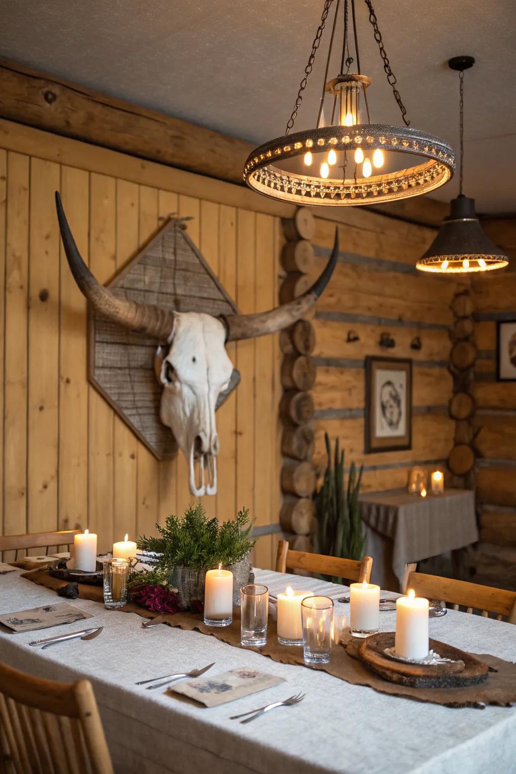 Cow skull centerpiece adding rustic charm to a Western-themed table.