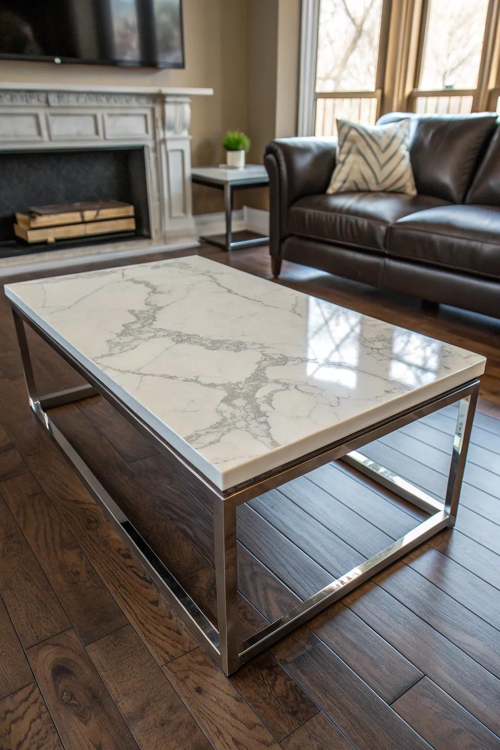 Transform leftover quartz into a masterpiece: a coffee table that tells your story.