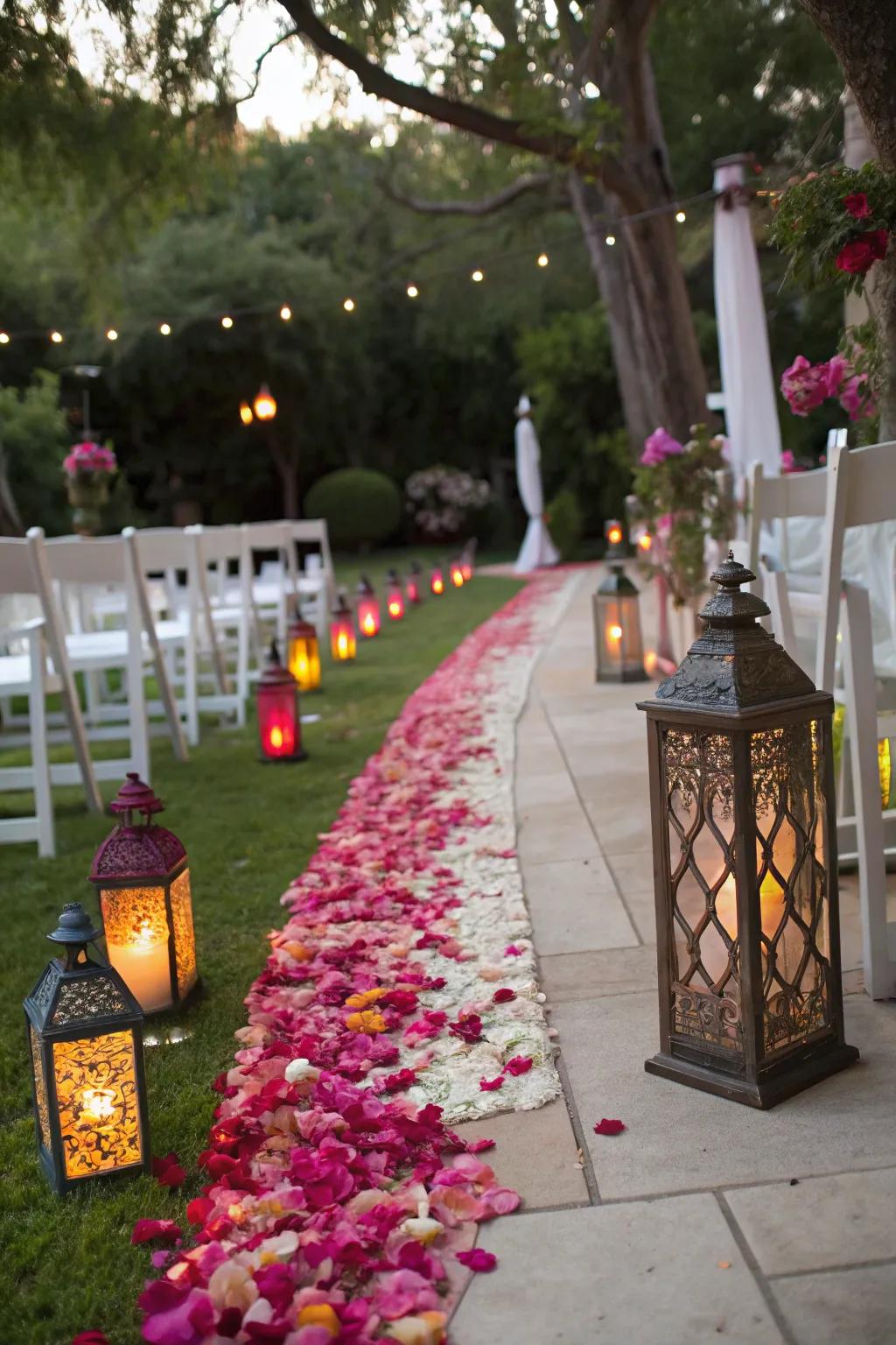 A dreamy wedding aisle illuminated by colorful lanterns.