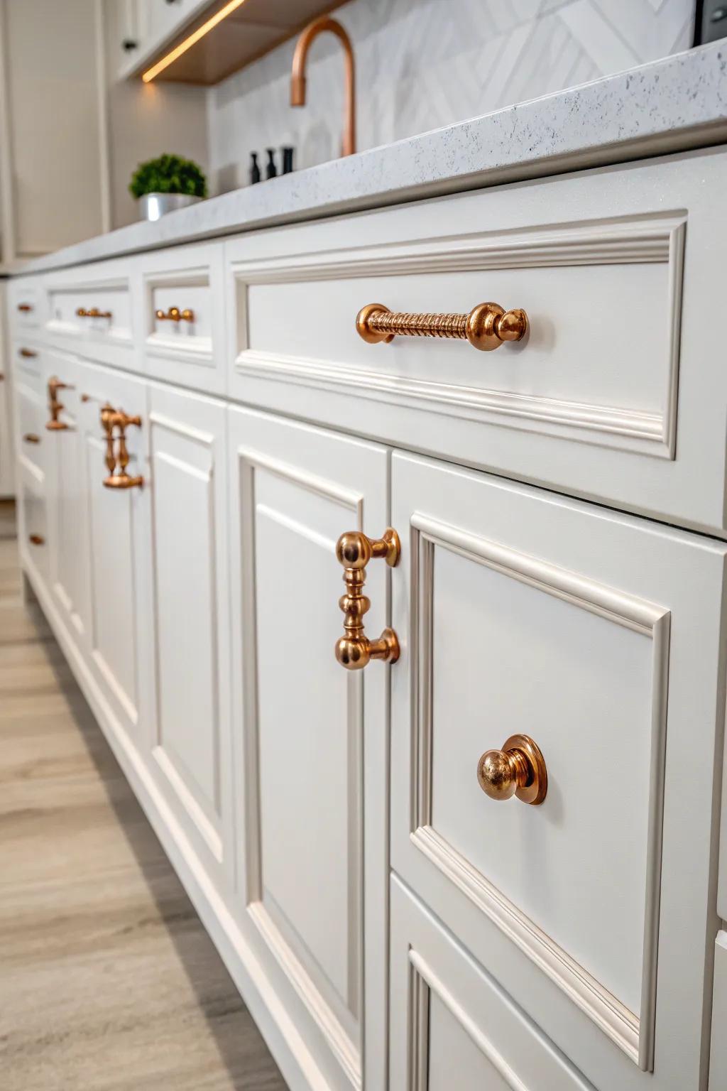 Copper hardware adds a touch of elegance to white cabinetry.