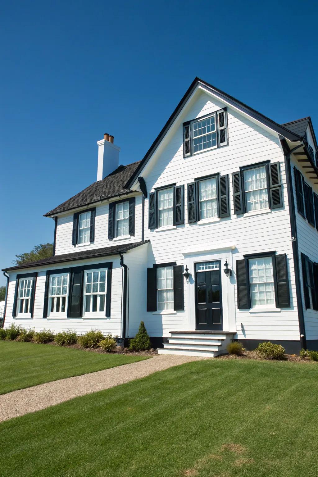 A classic black trim adds a sophisticated edge to this white home's exterior.