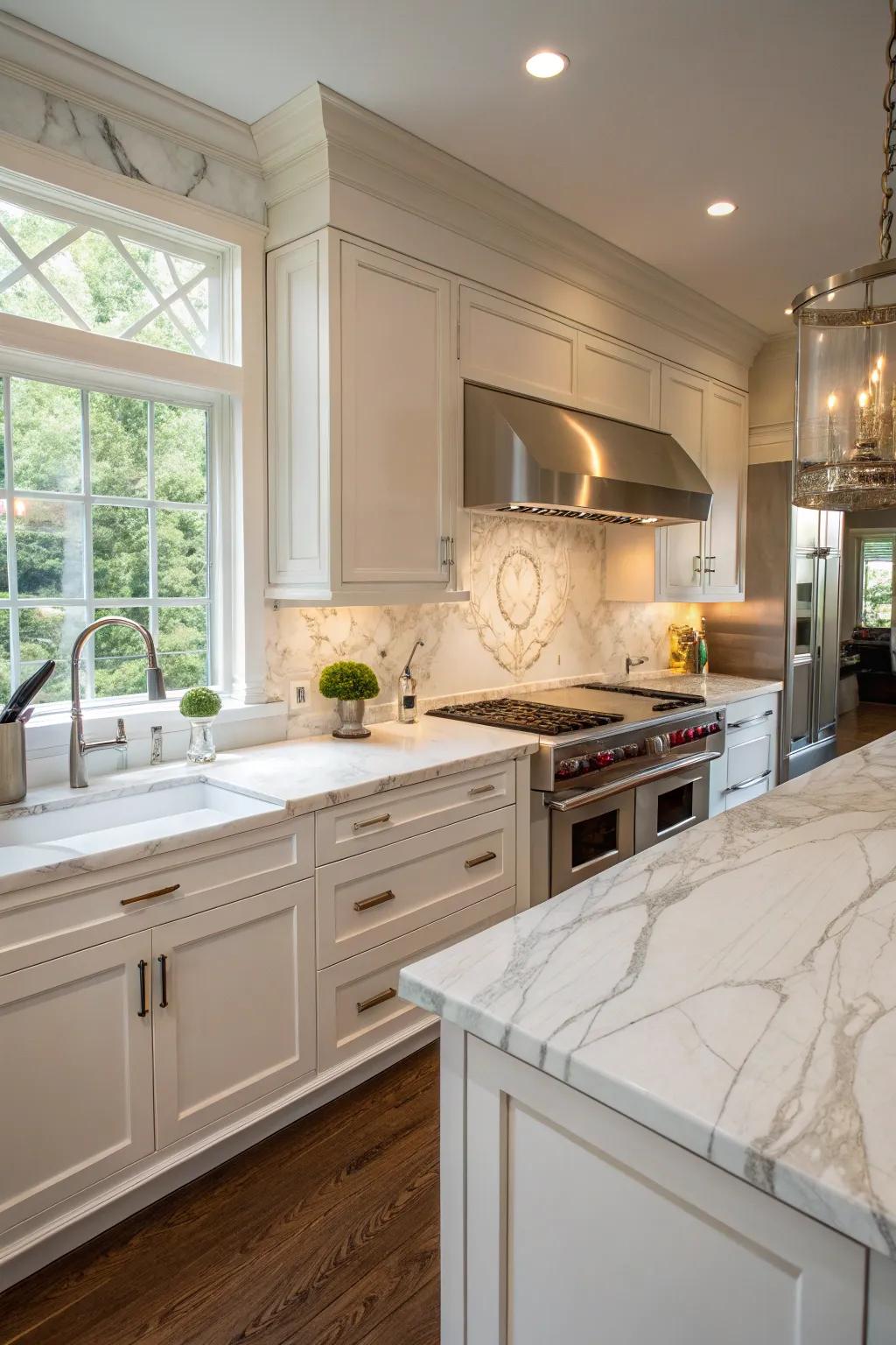 Classic white marble countertops bring timeless elegance to any kitchen.