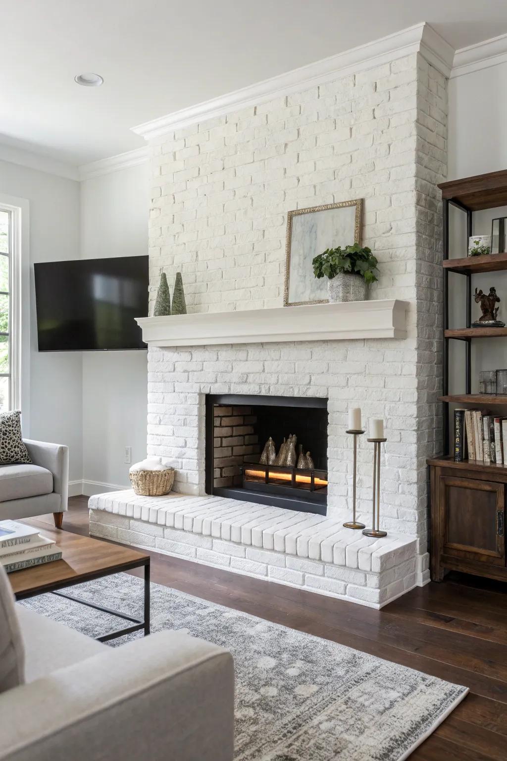 A classic whitewashed brick fireplace in a sleek, modern setting.