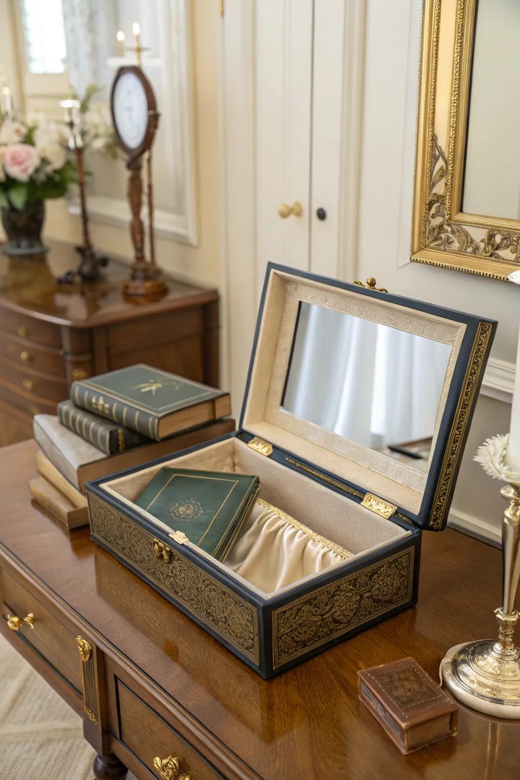 Book-inspired wig box with a satin lining and mirror.