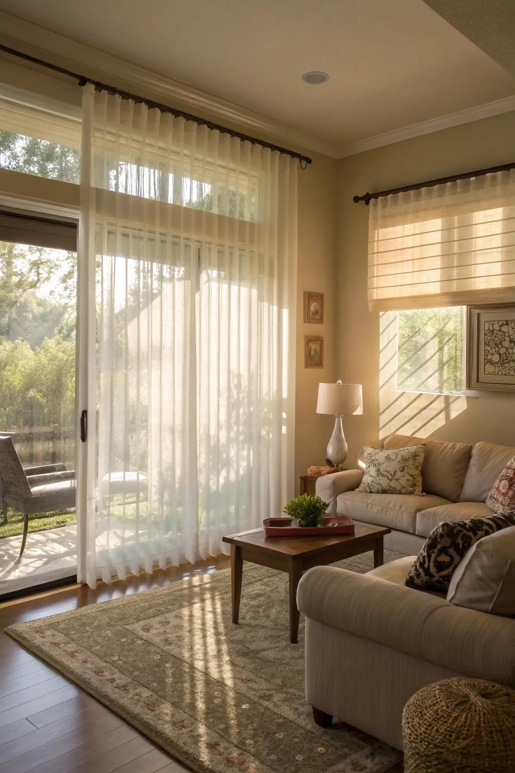 Translucent blinds provide privacy without sacrificing natural light.