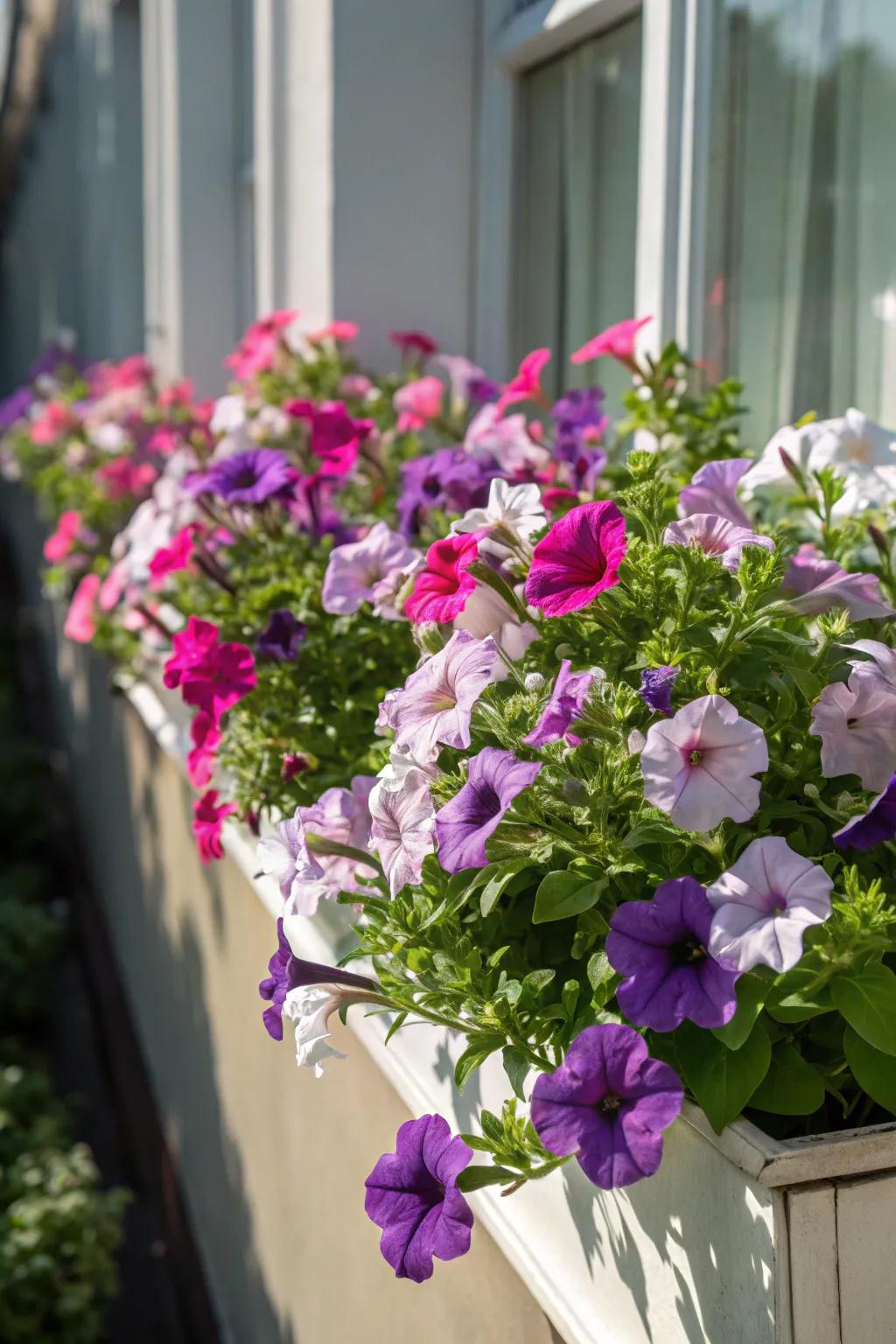 A stunning array of petunias in vibrant colors, perfect for a summer window box.