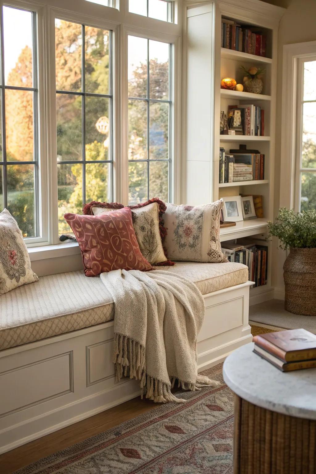 A classic window seat provides an inviting nook in any living room.