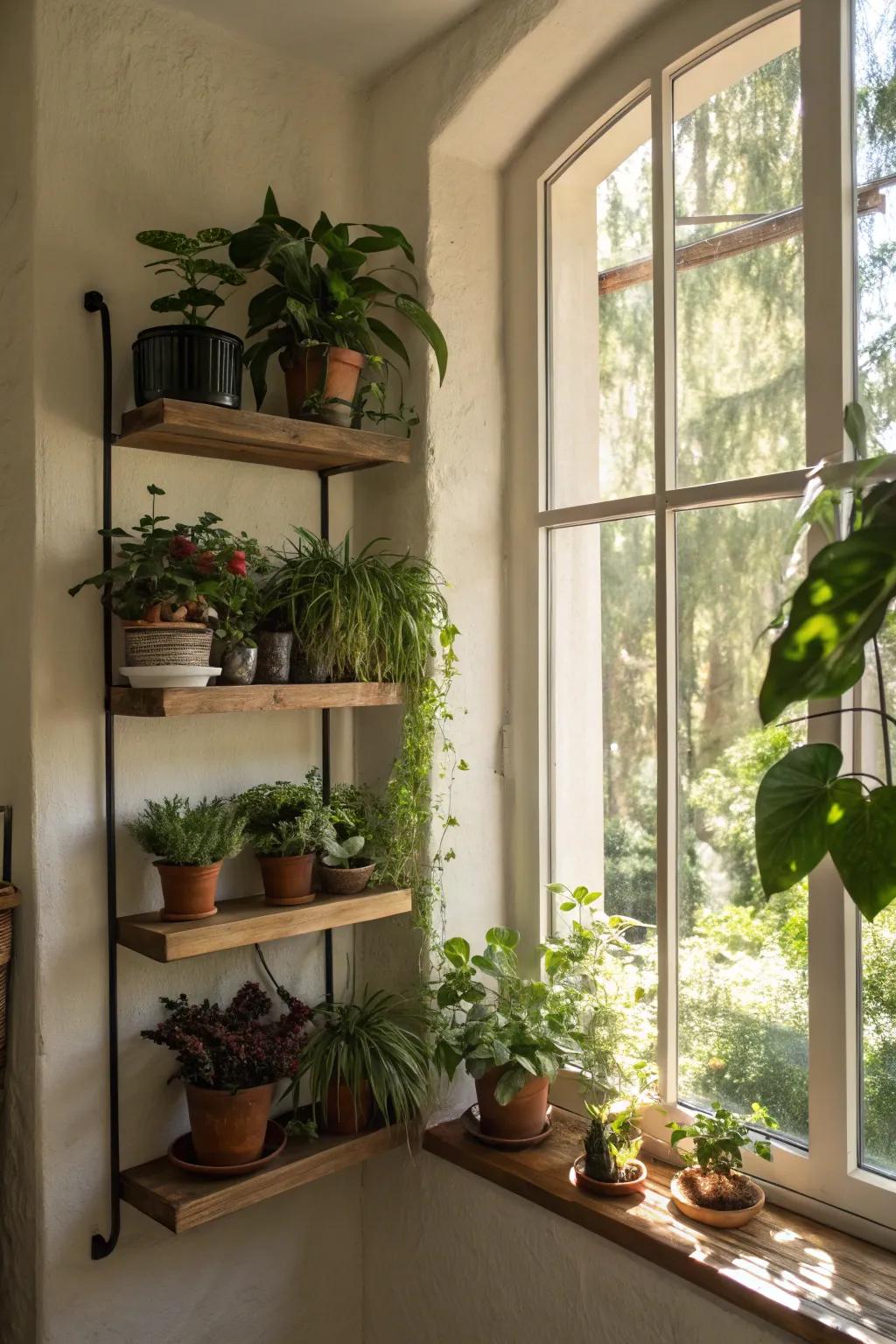 Floating plant shelves bring nature indoors.