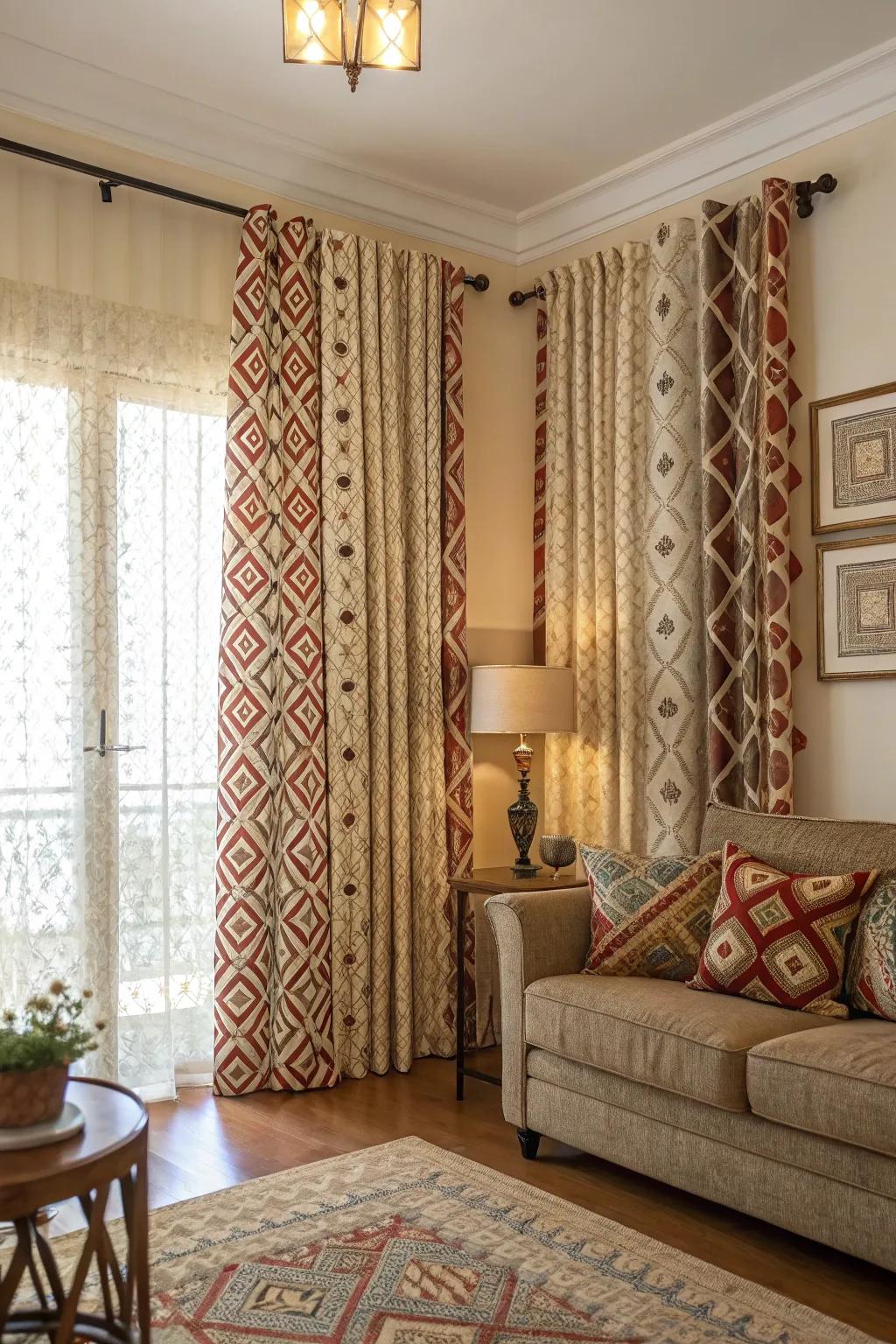 Patterned drapes adding style to a living room